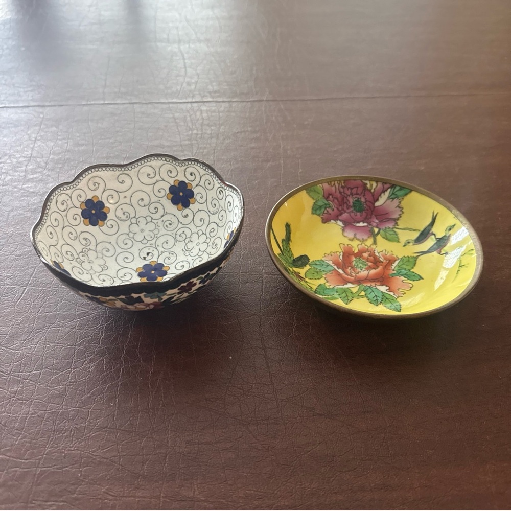 Vintage Chinese Cloisonne Enamel Metal Floral Flowers Bowl & Dish; Set Of 2